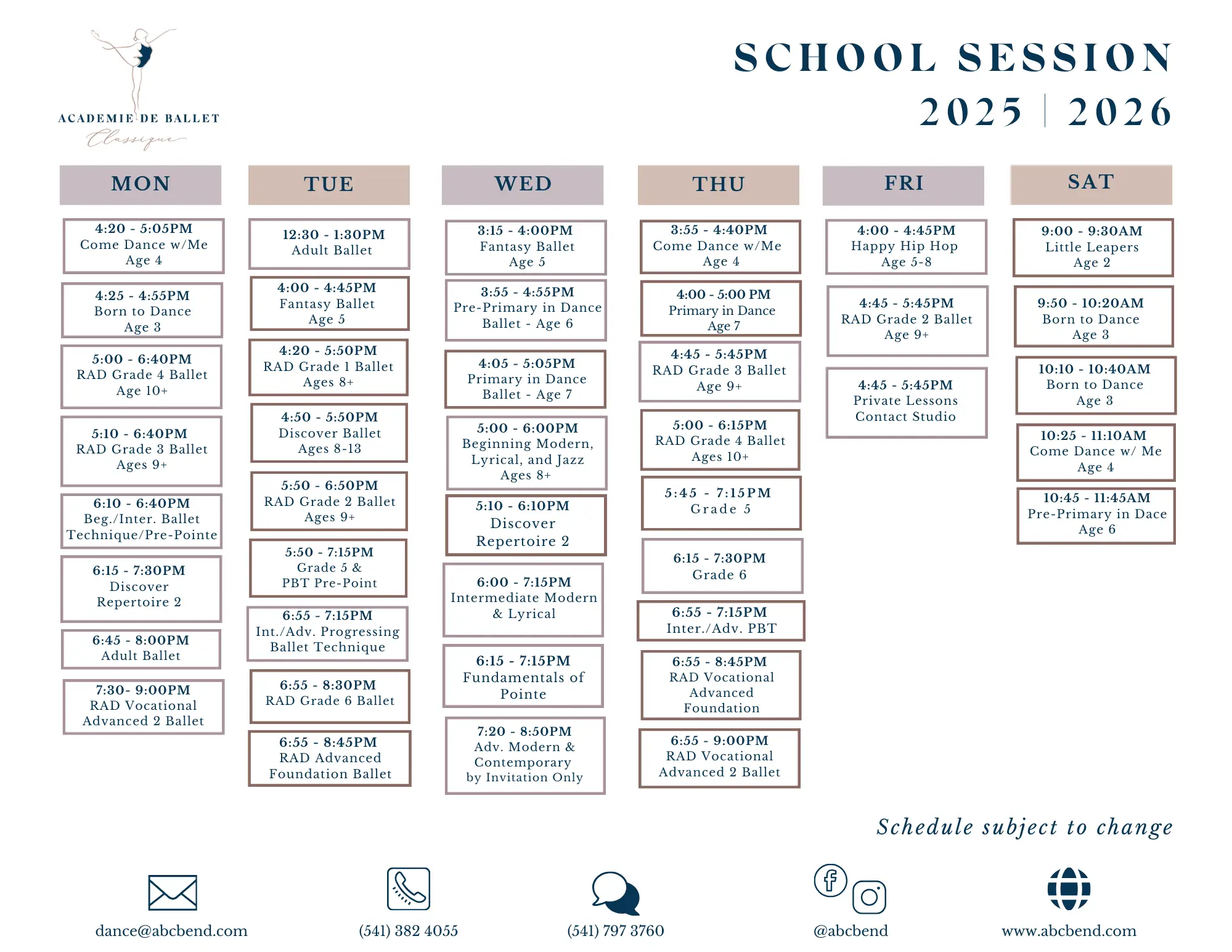 ABC Fall Schedule-2025-2026 2025/2026 ABC Bend Dance Schedule & Calendar