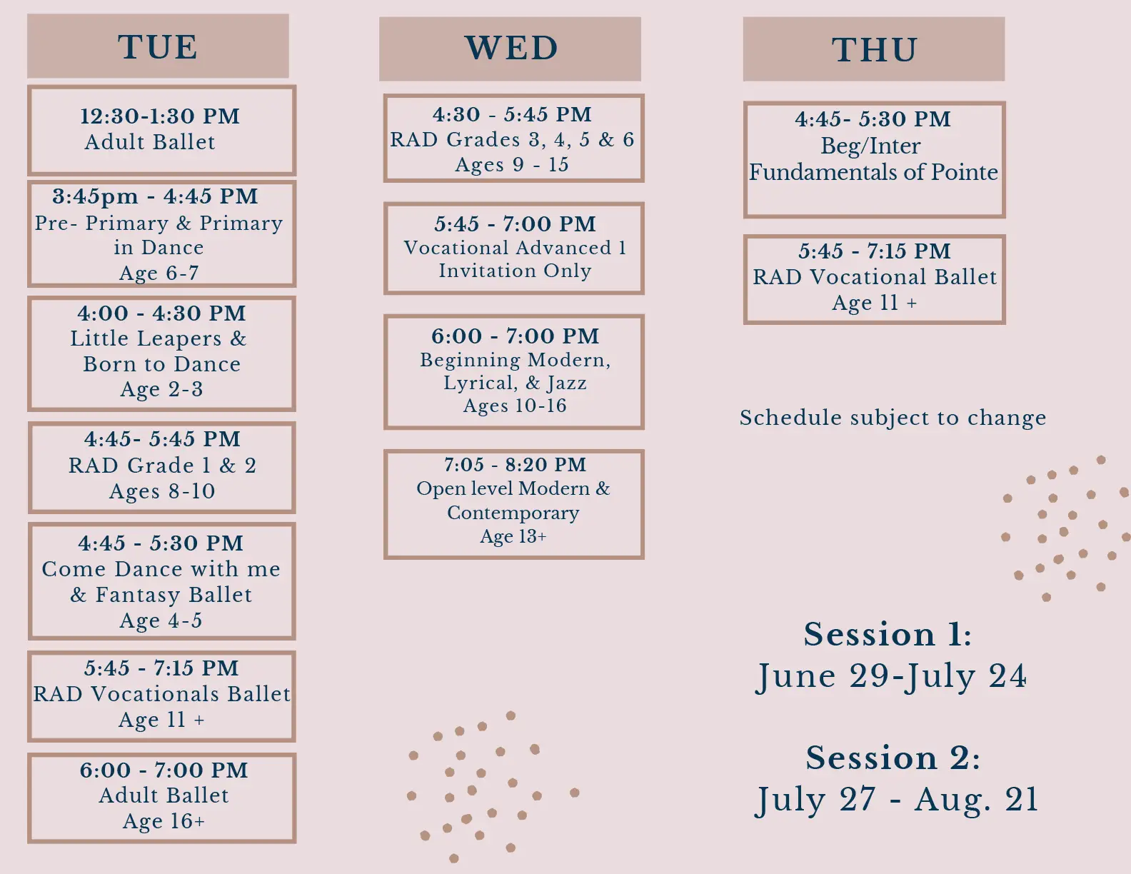 ABC Calendar of Summer Session '26 for emails Website 2026 Summer Ballet Class Schedule