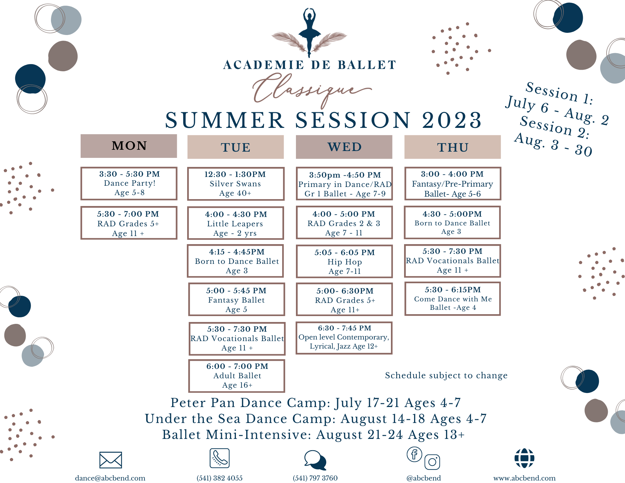 ABC Bend Summer Session Schedule